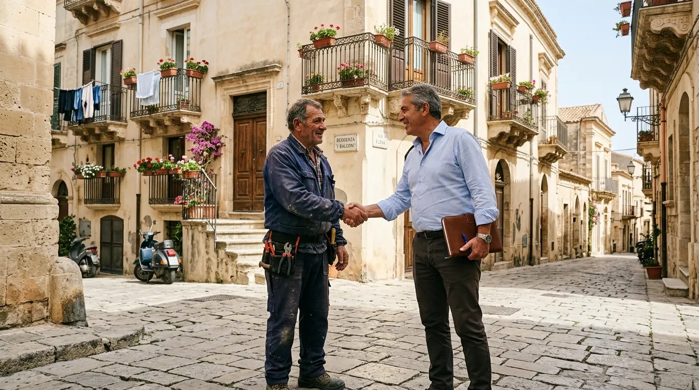 Property manager e artigiano locale davanti a un condominio in un paese siciliano