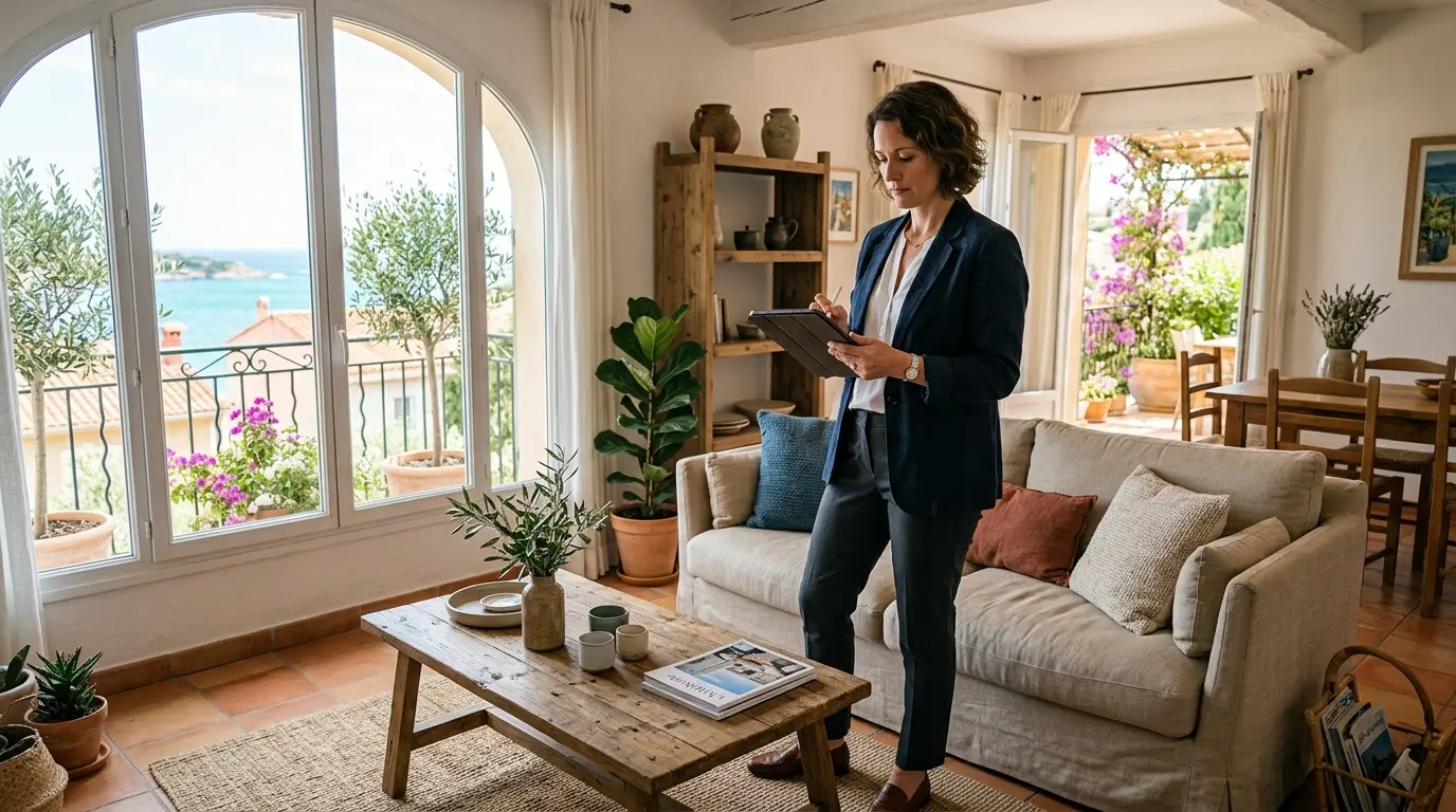 Property manager durante un sopralluogo di manutenzione con tablet in un appartamento