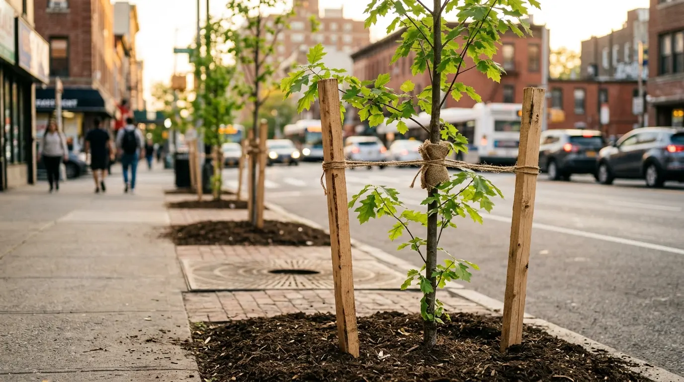 Alberature giovani appena piantumate in un contesto urbano con tutori di sostegno
